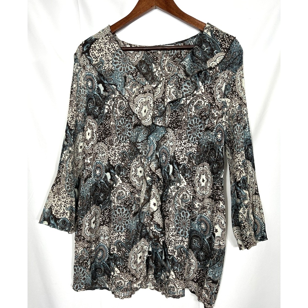 Signature LL Womens Paisley Floral Button Up Top Size 1X Boho Brown Forest Fairy